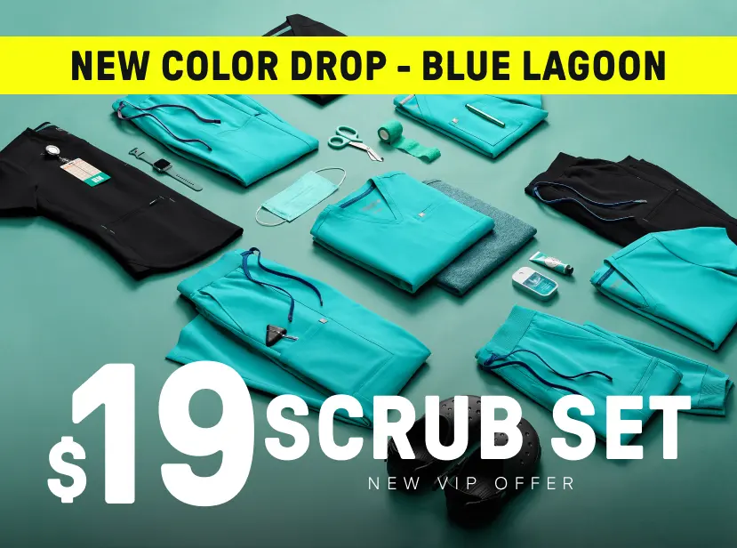New Color Drop: Blue Lagoon. $19 scrub set when you sign up as a new VIP member.