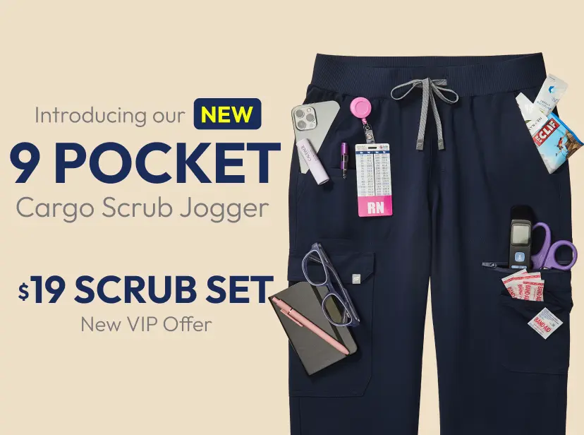 Our new nine pocket cargo scrub jogger click now to become a VIP member and get your $19 scrub set