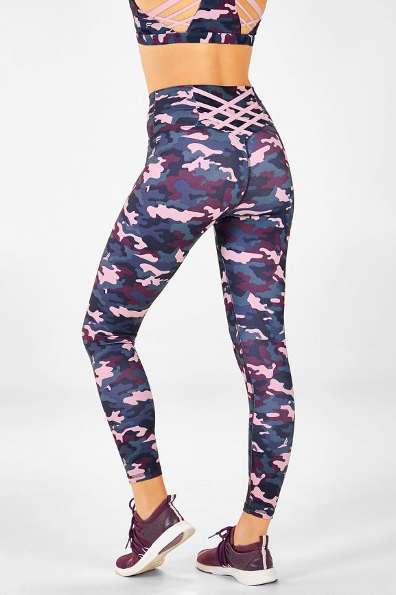 Fabletics PowerHold The Boost 7/8 Strappy Leggings Pink Gray Camo