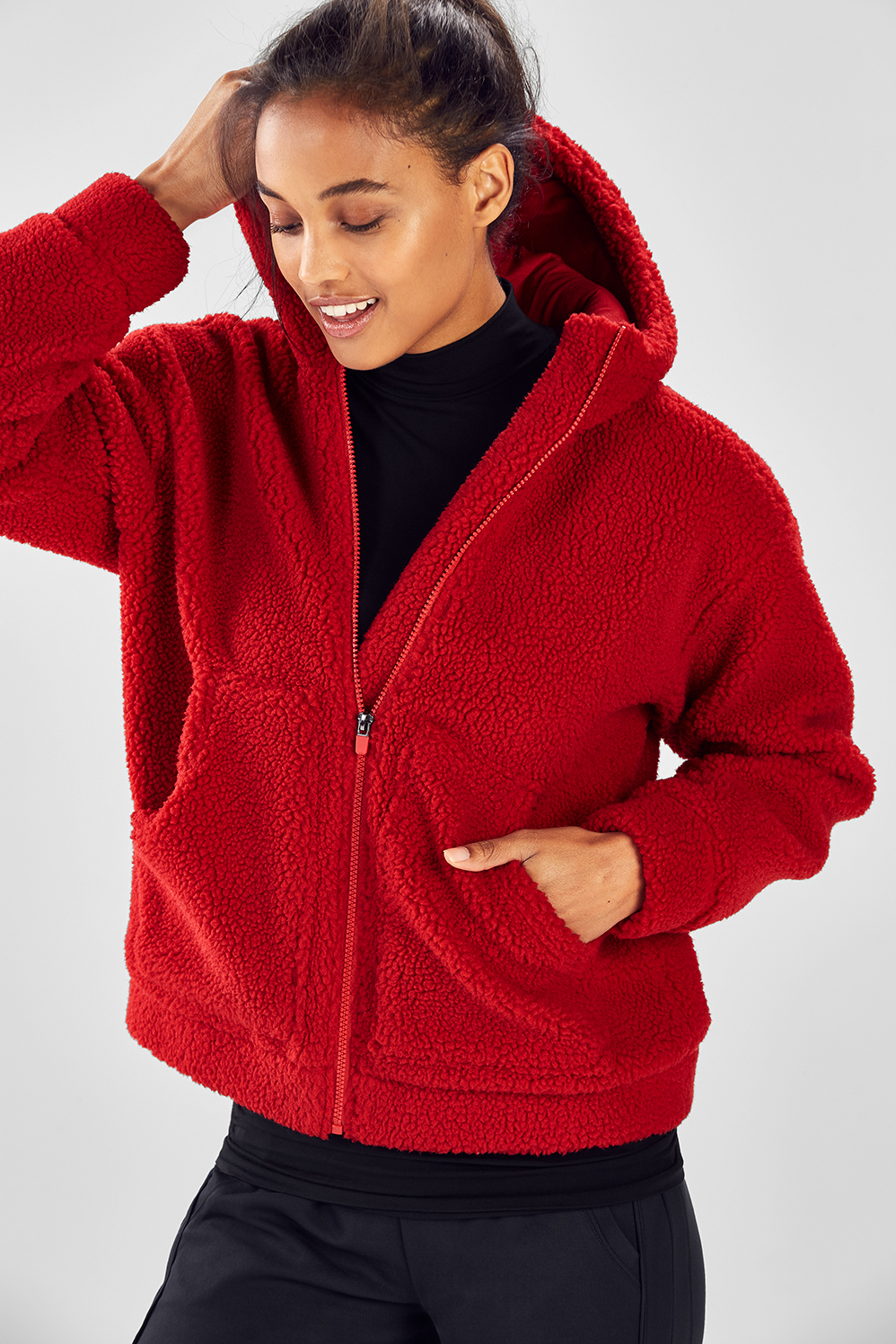 red sweater zip up