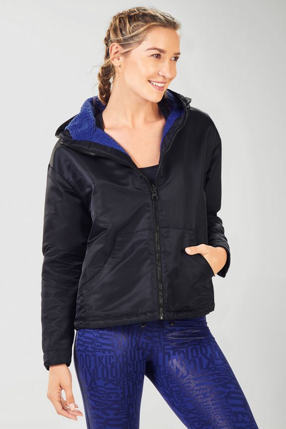 Fabletics Womens Medium Fleece Coat Blue Reversible Sherpa Pockets