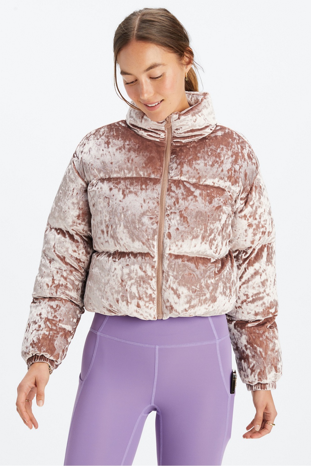 Fabletics Wander Velour Cropped Puffer Jacket  Cropped puffer jacket,  Jackets, Clothes design