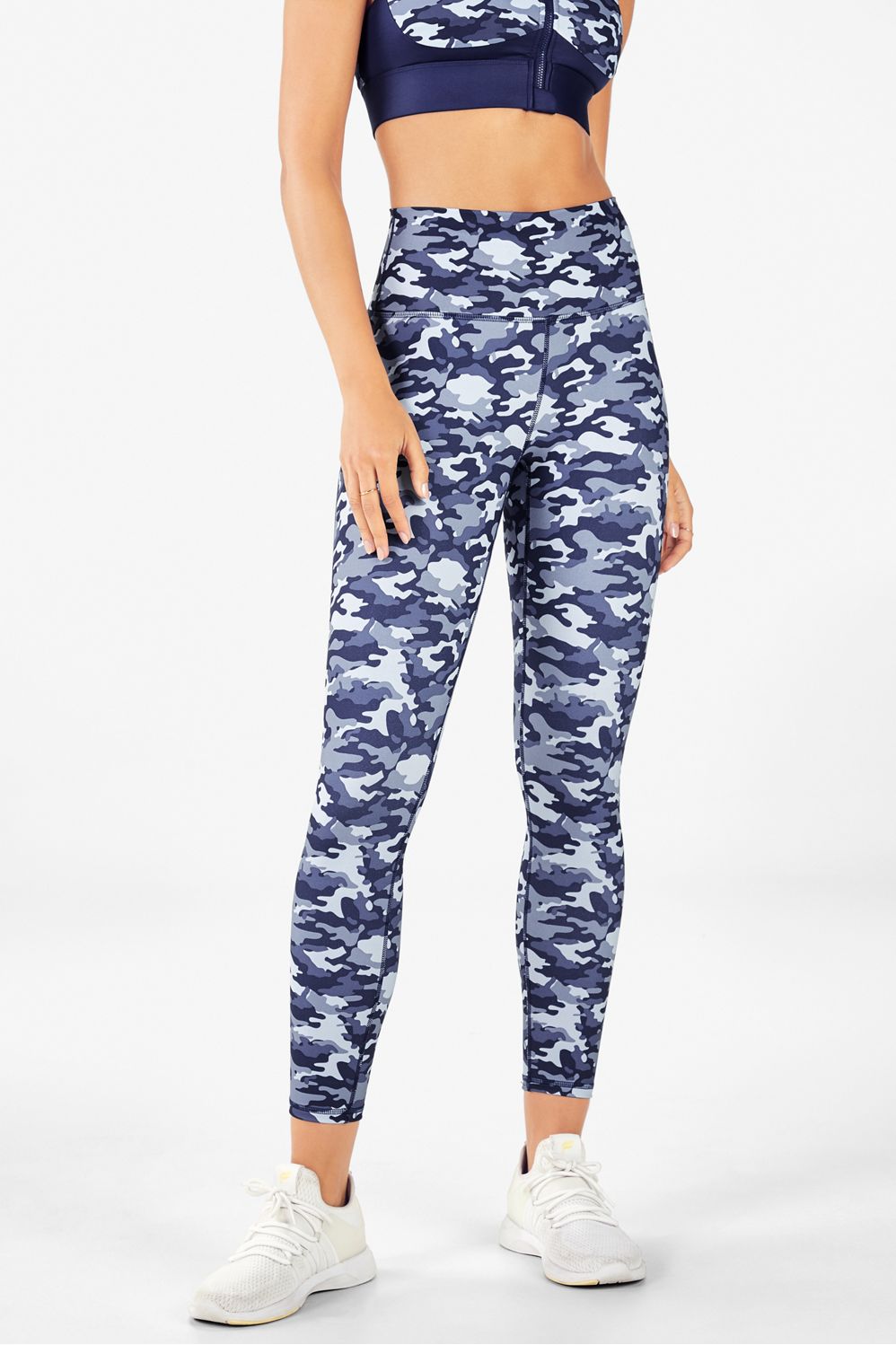Fabletics Motion360 navy blue. Powerhold camo blue green and purple's.