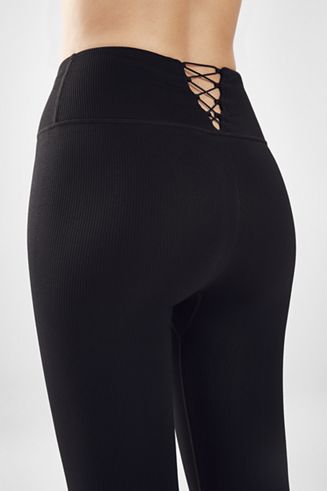 Fabletics Black High Waisted Lace Up Back Seamless Ribbed Leggings Size  Small
