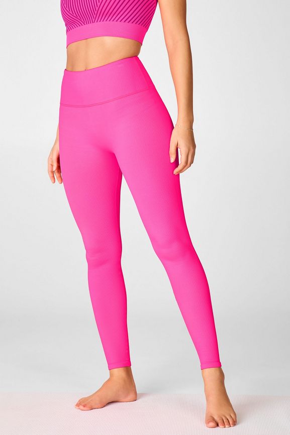 Premium Bright Pink Ribbed High-Waisted Leggings