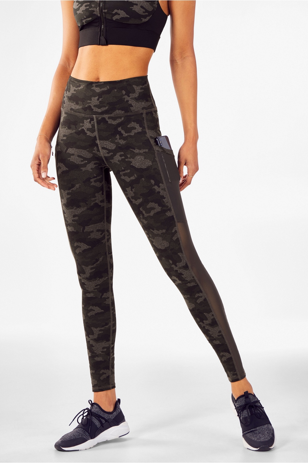 Fabletics Powerhold High Rise Camo Leggings Green Side Hip Pockets Stitch  Small