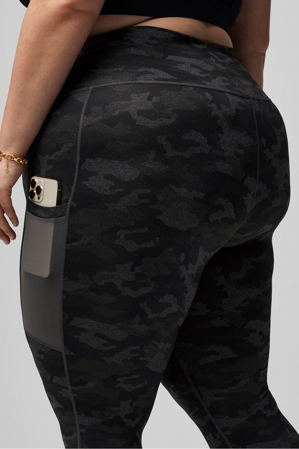 Fabletics Mid-Rise Charcoal Camo Printed Powerhold Leggings Womens Sz S  Pockets