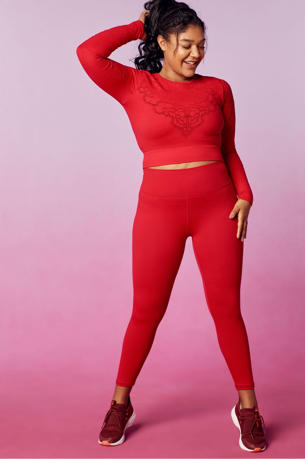 Fabletics , New, Persimmon Red Flora Seamless Long Sleeve Active Top, Large  - $34 New With Tags - From Dawn