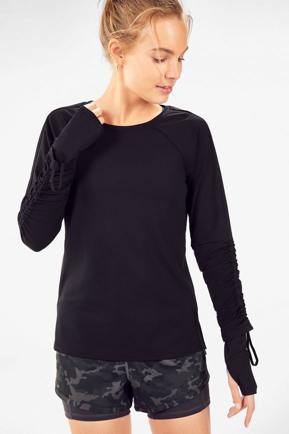 Fabletics Shirt Womens L Black Scoop Neck long Sleeve Side Slits Workout