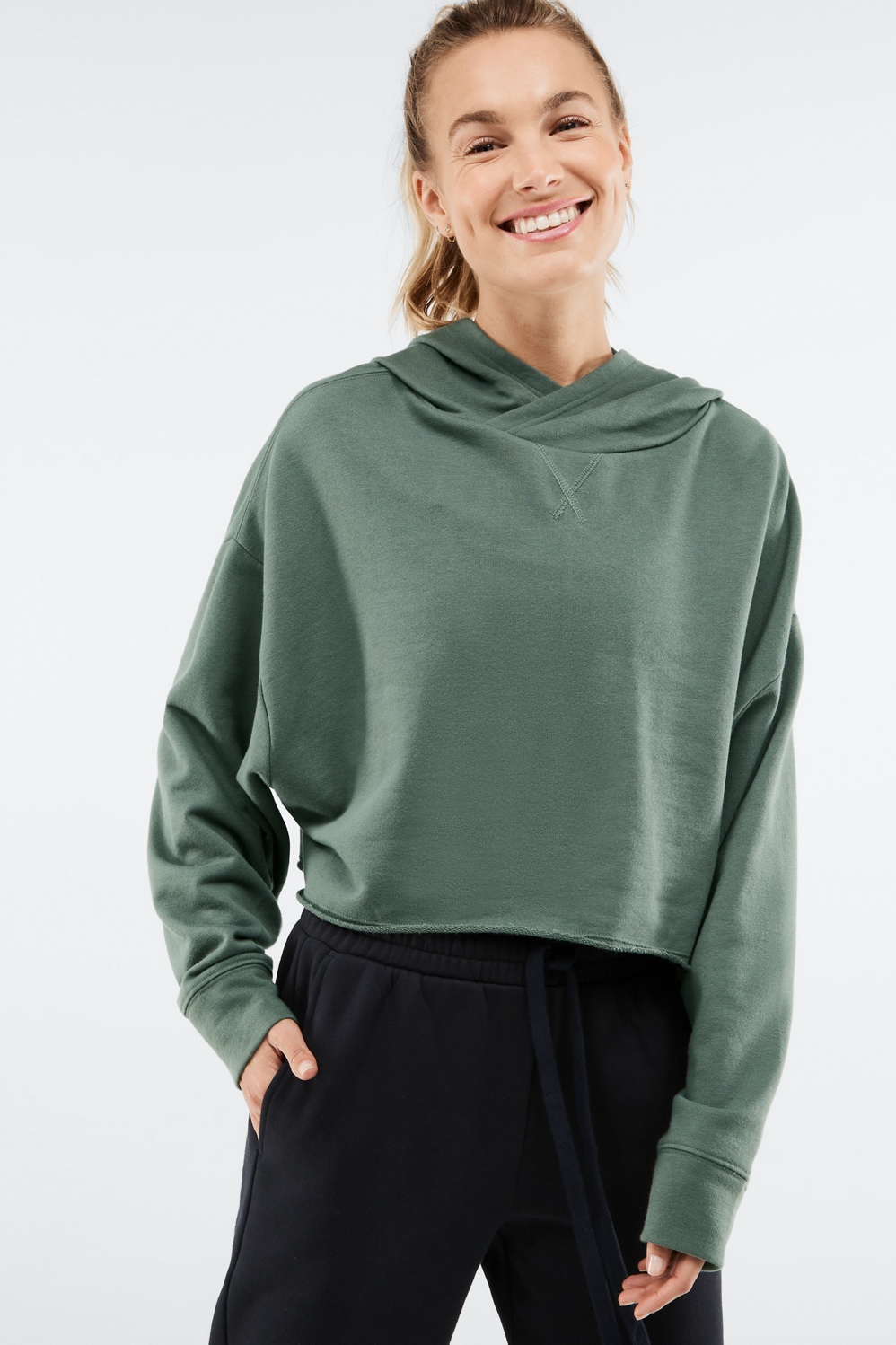 Cropped raw edge store hoodie