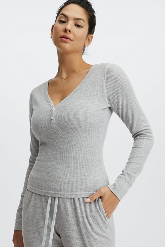 Women's Grey Marle Cotton Long Sleeve Henley Top with Tapered Pant Set