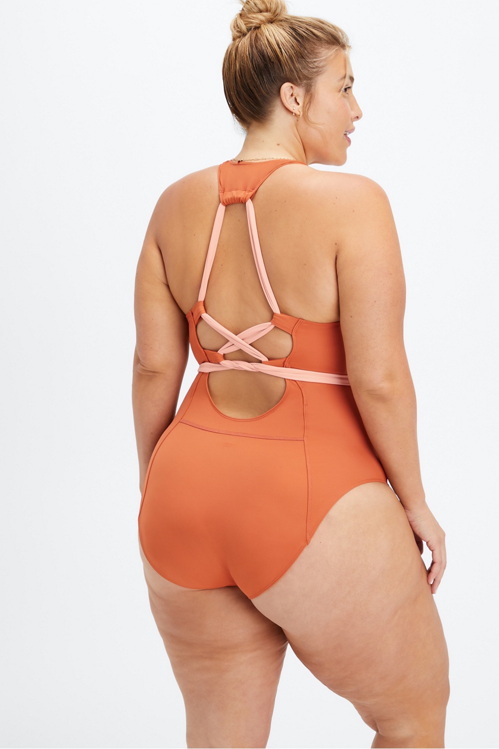 Fabletics Lace-Up Racerback Swimsuit Womens Island Escape/Orange Nectar  Size