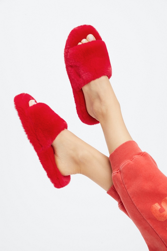 Red furry online slippers