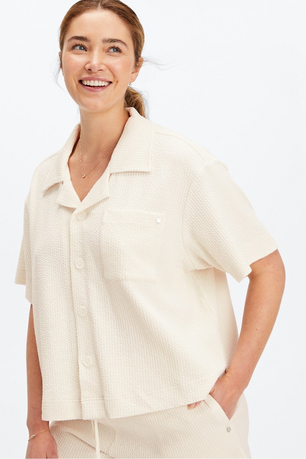 The Linen Crinkle V Neck Button Shirt - Natural – One Fable